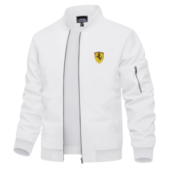 Men's Ferrari Car Logo Embroidered Light Weight Bomber Jacket -White